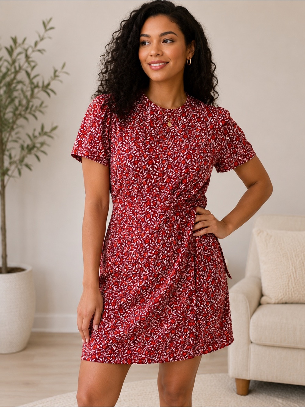 miami Red and White Botanical Short Sleeve Dress